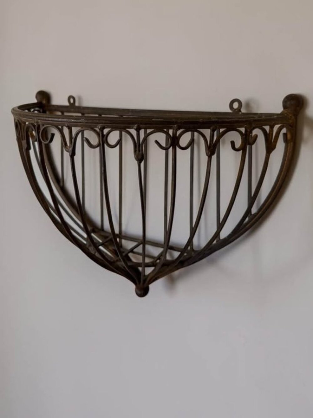 Vintage Wrought Iron Hanging Wall Pocket Planter Basket Large Half Moon